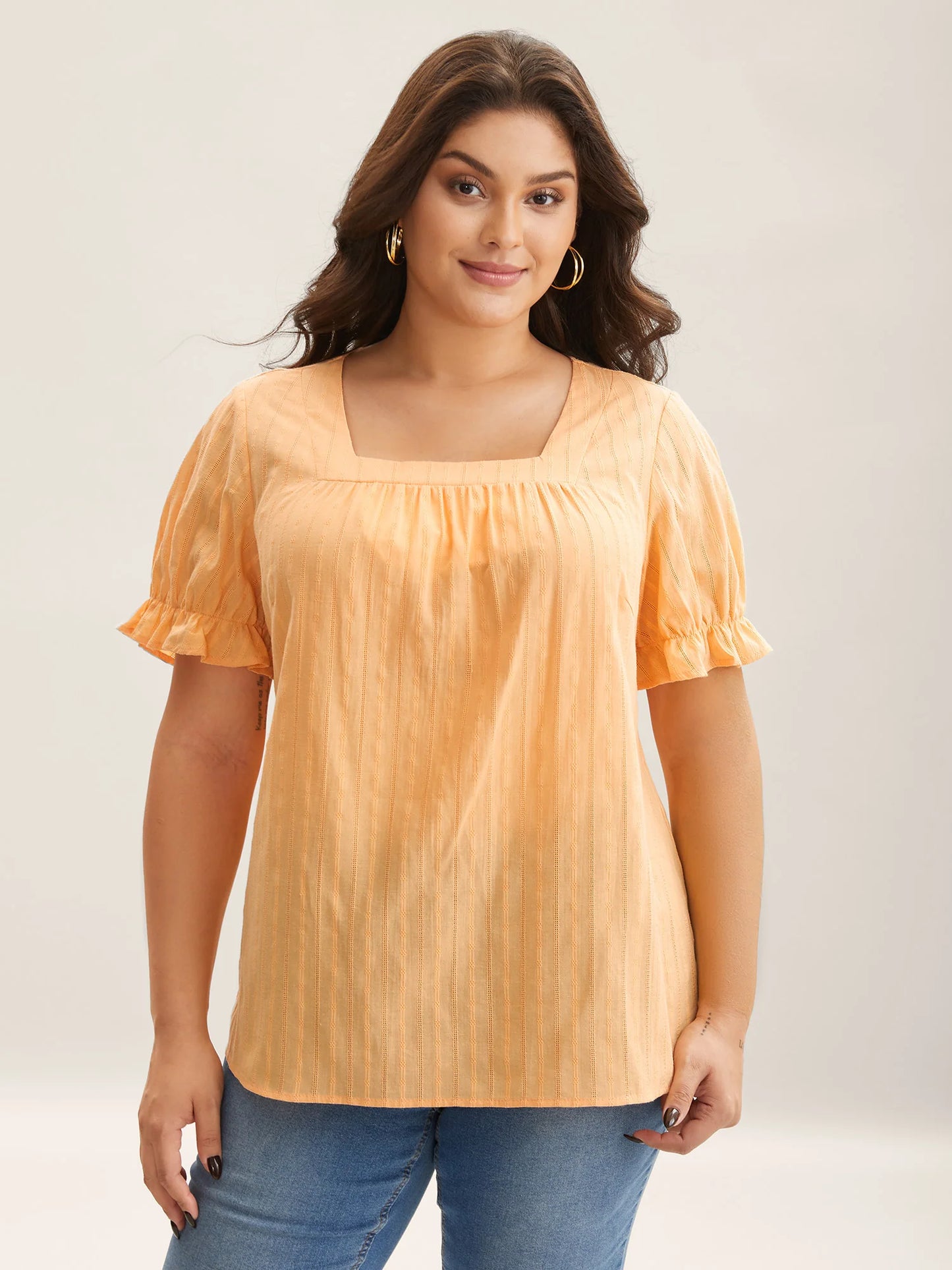 Cotton Square Neck Ruffled Sleeve Shirt