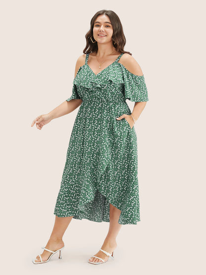 Ditsy Floral Pocket Wrap Cold Shoulder Ruffle Dress