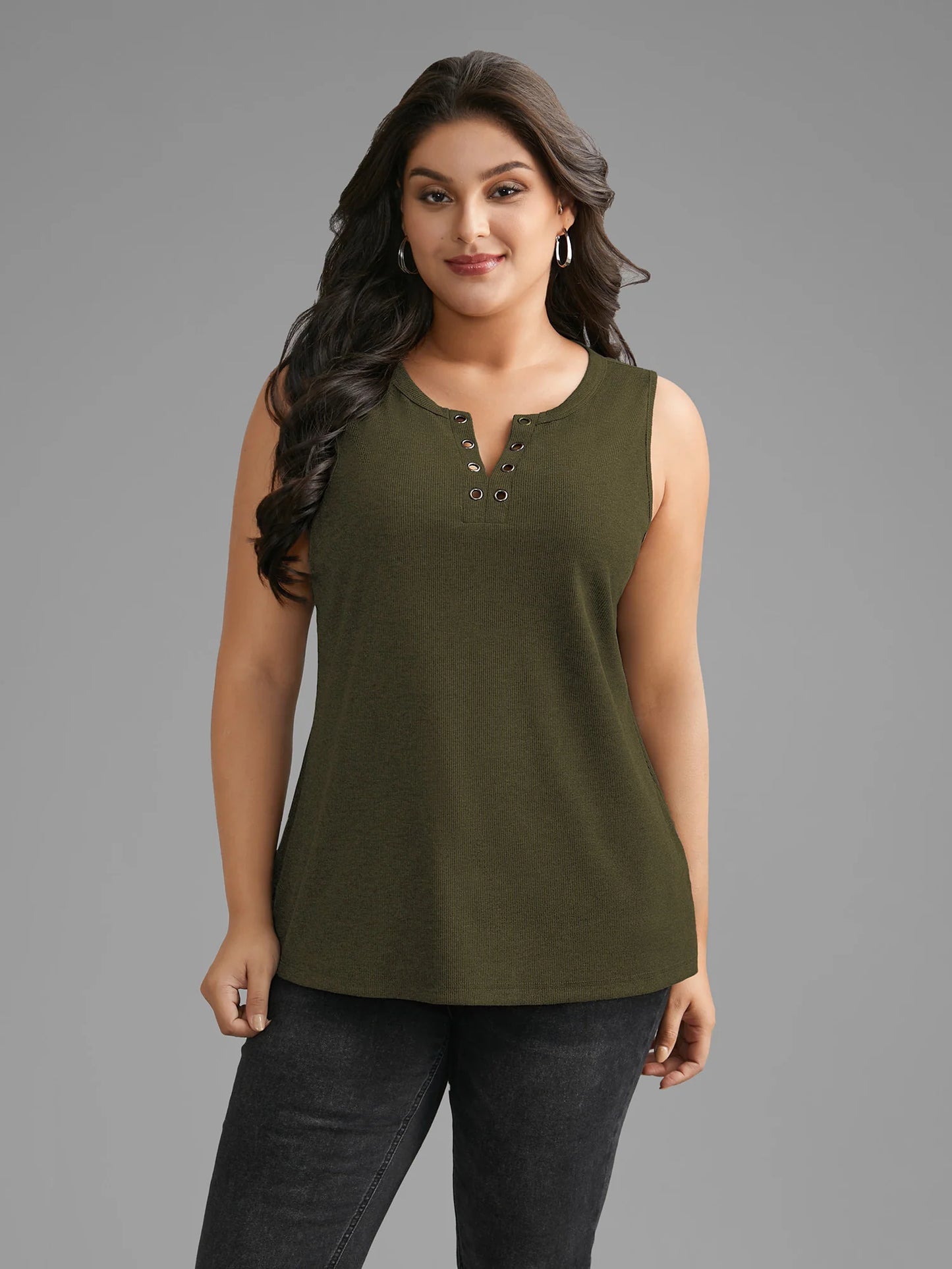 Notched Collar Eyelet Tank Top