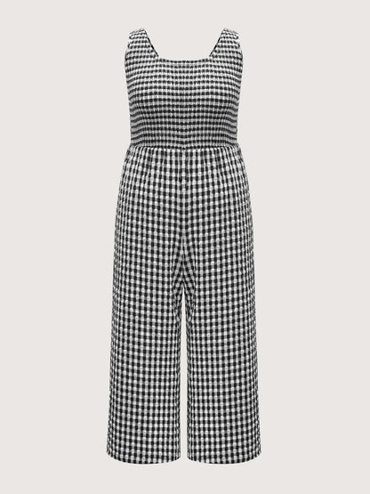 Gingham Print Shirred Straight-Leg Jumpsuit