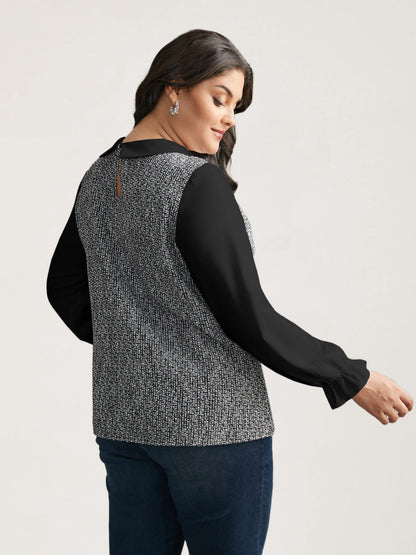 Tweed Patchwork Lantern Sleeve Blouse