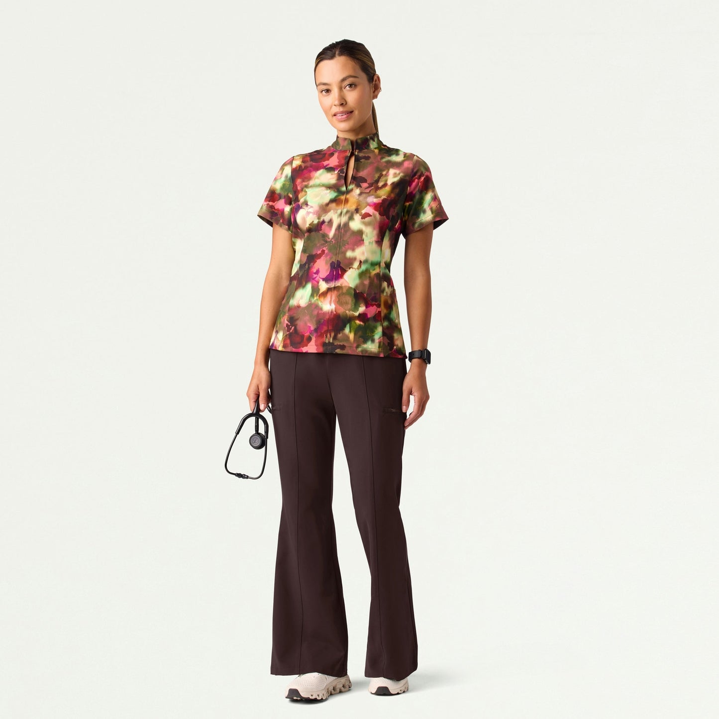 Aria Fit & Flare Mock-Neck Scrub Top - Floral Haze