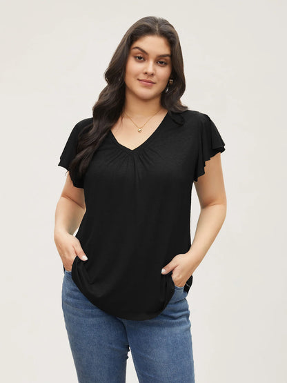 Solid Heather Gathered Ruffle Sleeve T-shirt