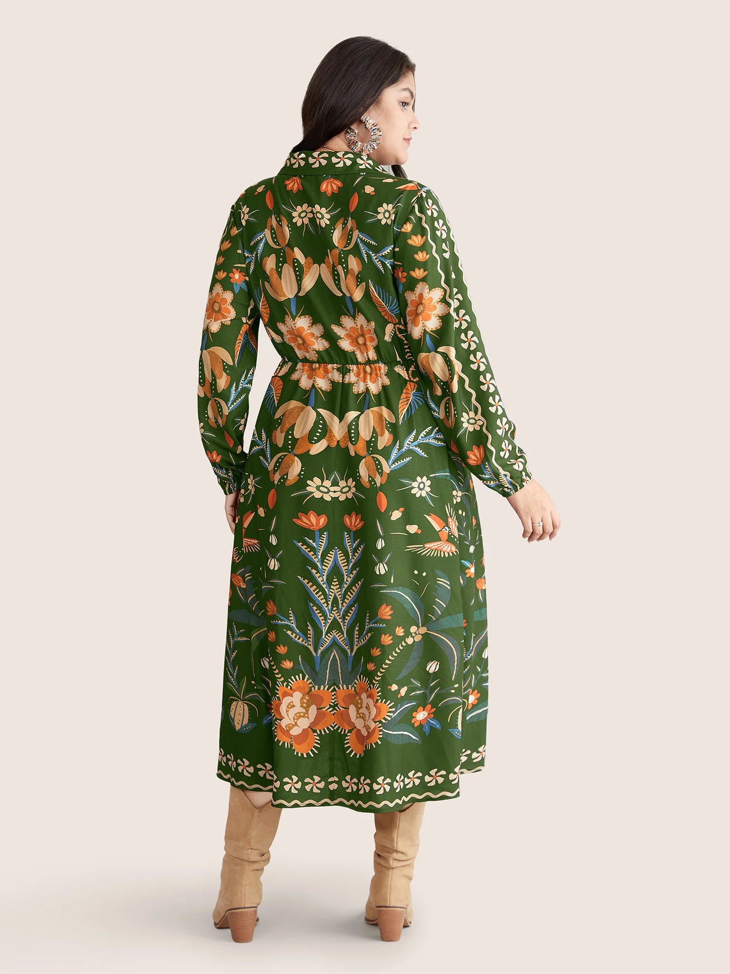 Bandana Print Pocket Lapel Collar Elastic Cuffs Dress