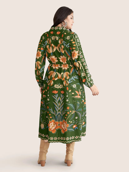 Bandana Print Pocket Lapel Collar Elastic Cuffs Dress
