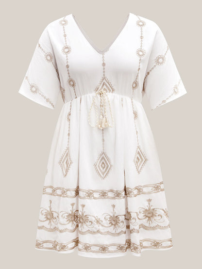 Boho Embroidered Waist Tie Midi Dress