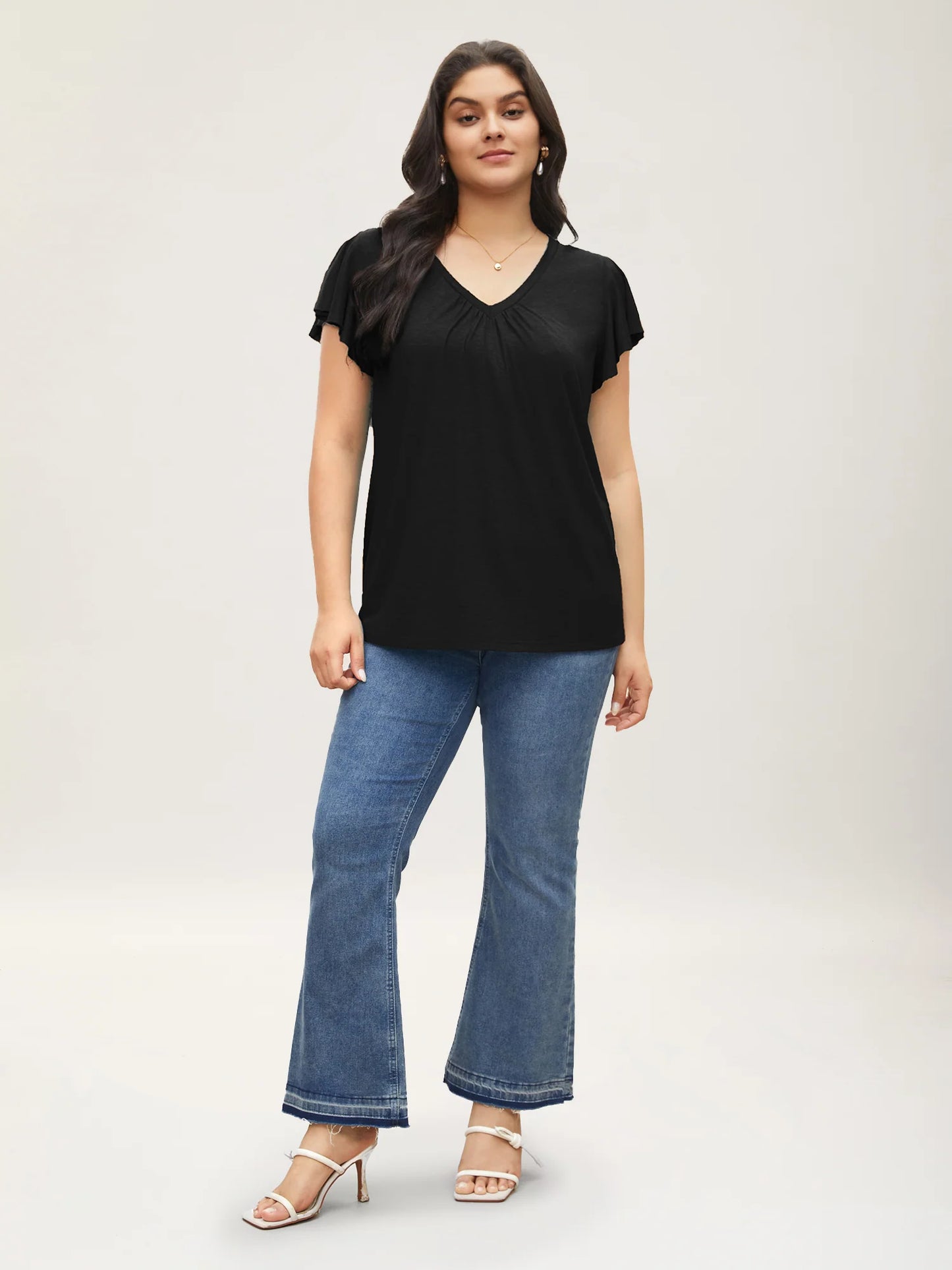 Solid Heather Gathered Ruffle Sleeve T-shirt