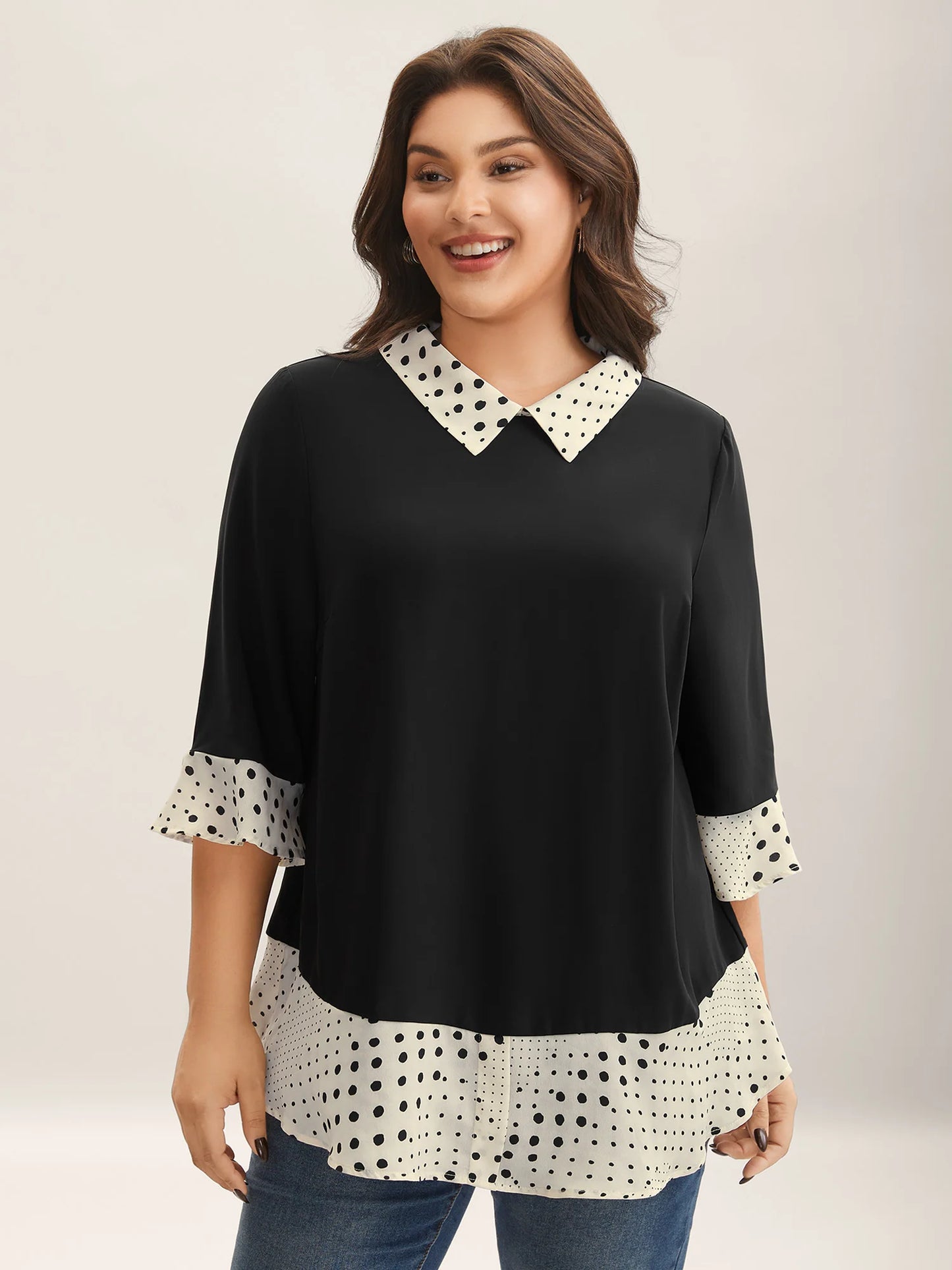 Sheer Color Contrast Spliced Collar Blouse