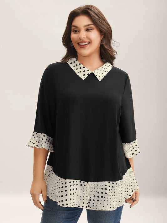 Sheer Color Contrast Spliced Collar Blouse