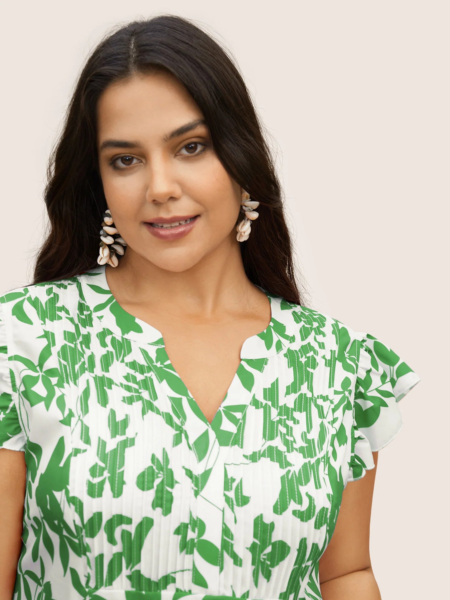 Silhouette Floral Print Notched Collar Pleated Blouse