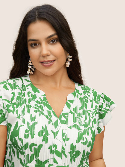 Silhouette Floral Print Notched Collar Pleated Blouse