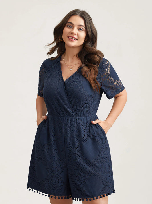 Lace Sleeve Stretchy Waist Pockets Romper