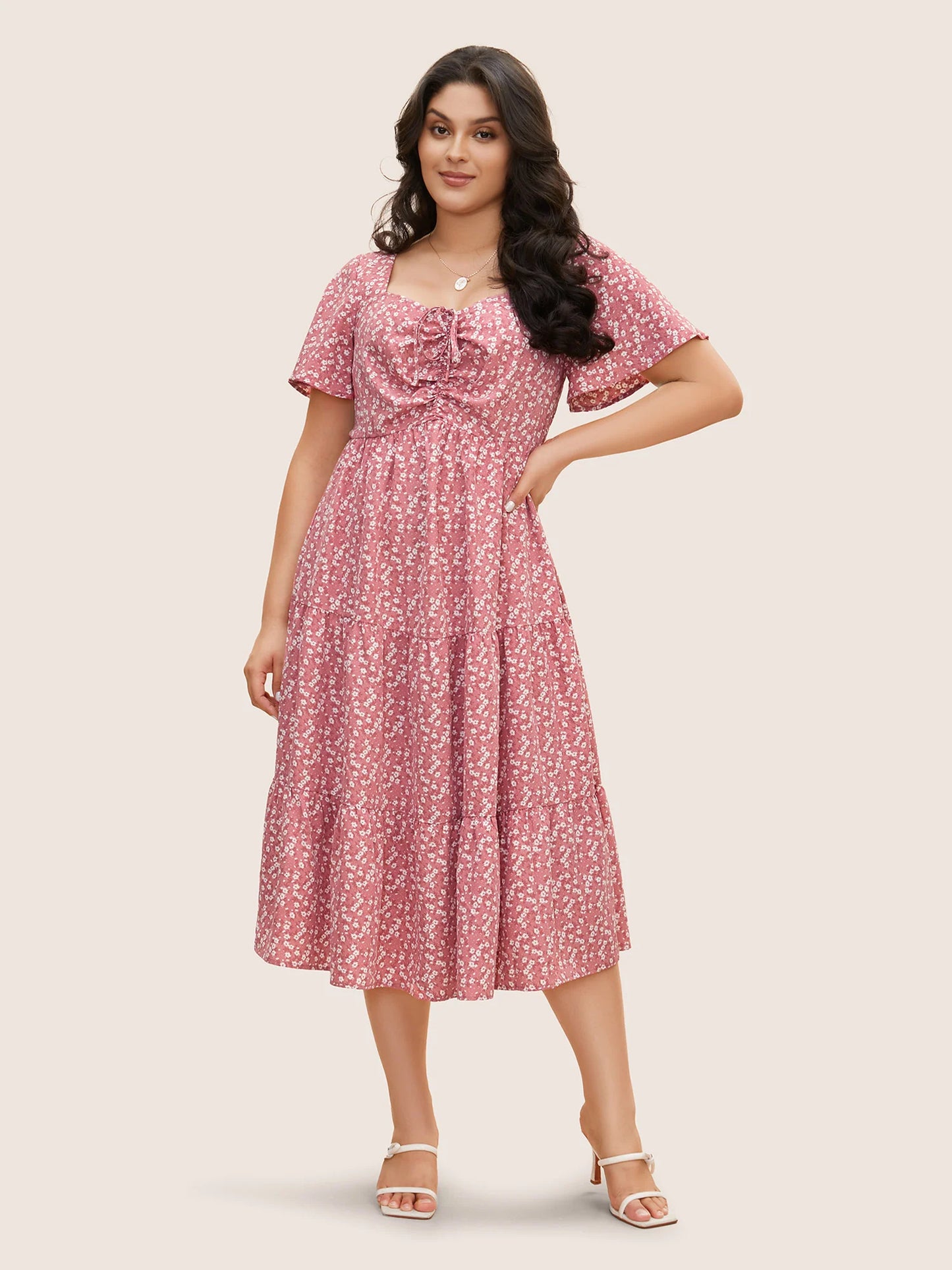 Ditsy Floral Sweetheart Drawstring Pocket Tiered Dress