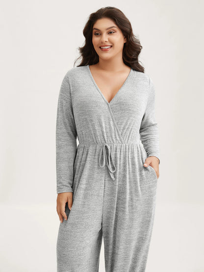 Elastic Waist Overlap Collar Lounge Jumpsuit