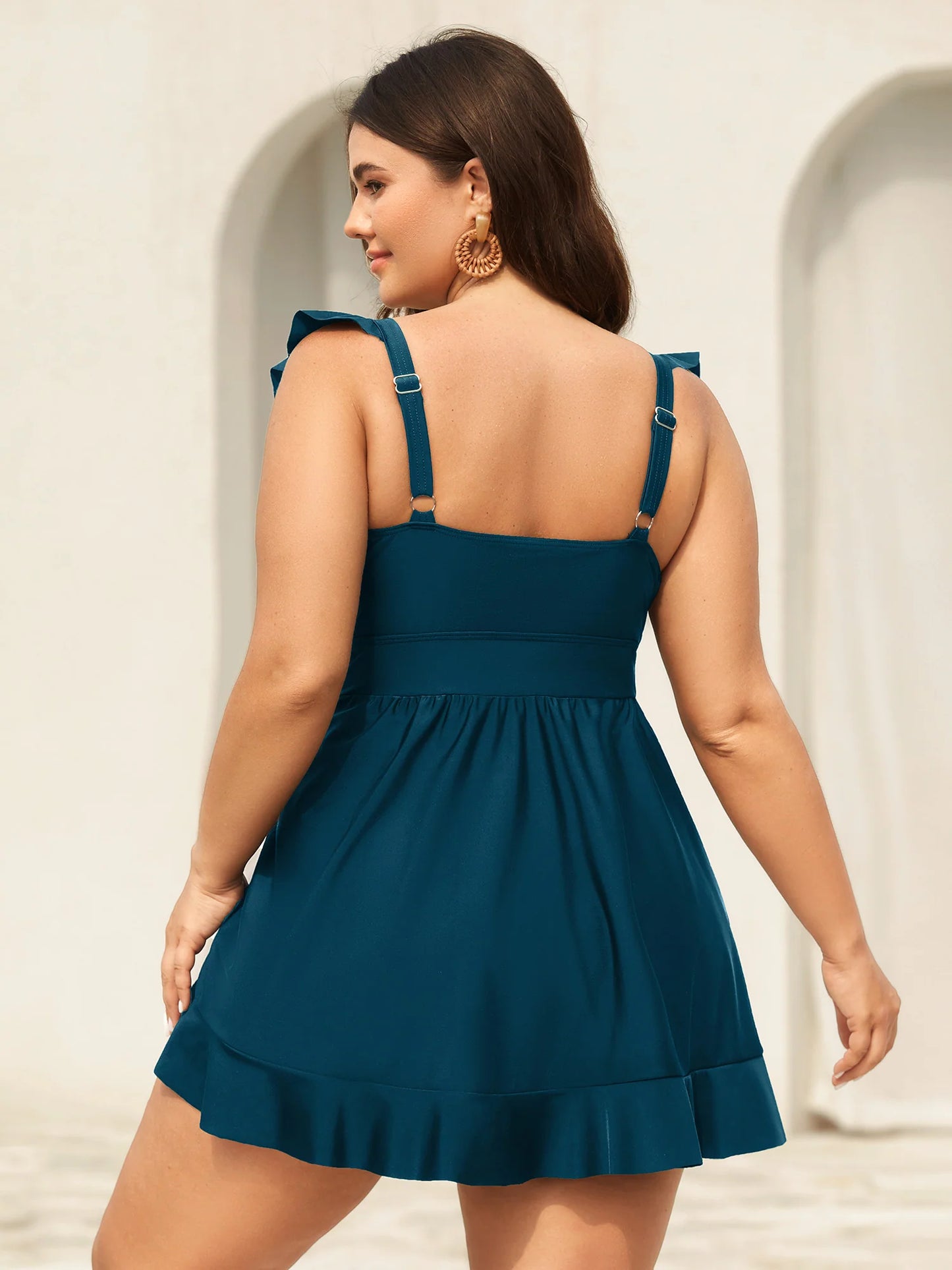 Ruffled Hem Flutter Sleeve Drawstring Swim Dress