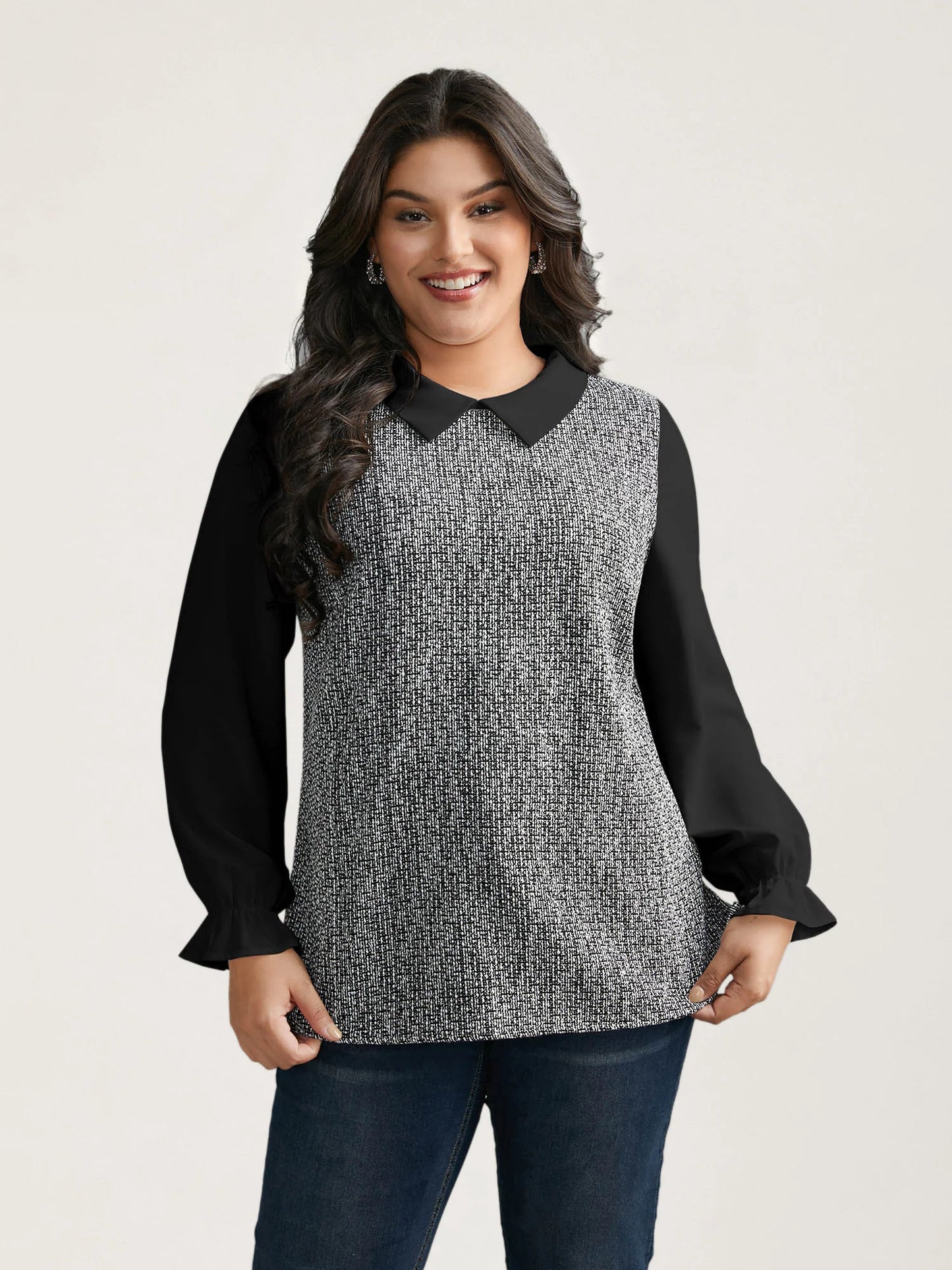 Tweed Patchwork Lantern Sleeve Blouse