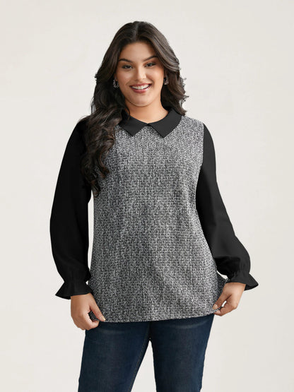 Tweed Patchwork Lantern Sleeve Blouse
