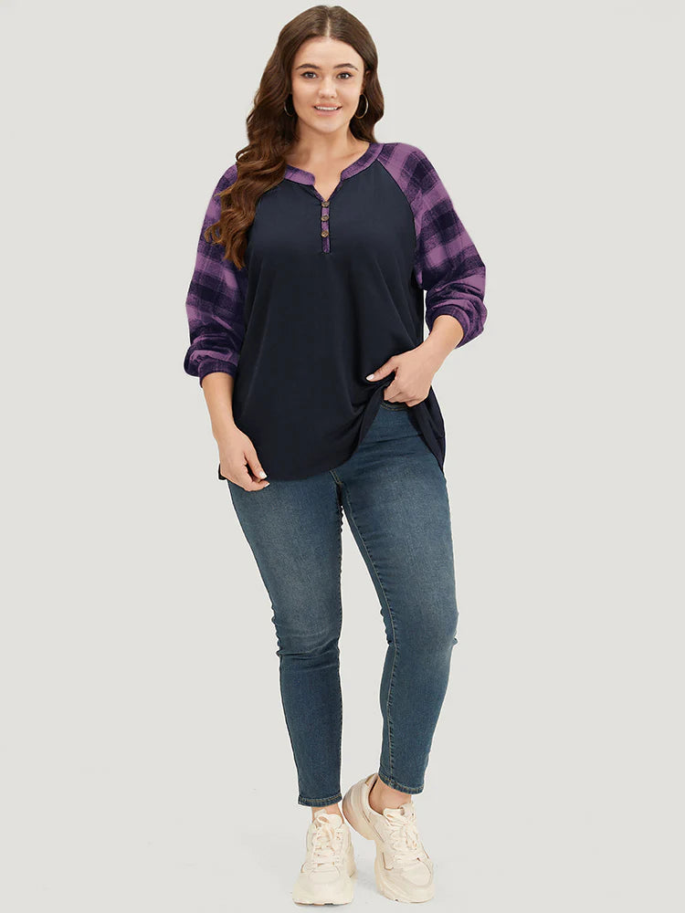 Plaid Patchwork Notched Button Detail Sweatshirt