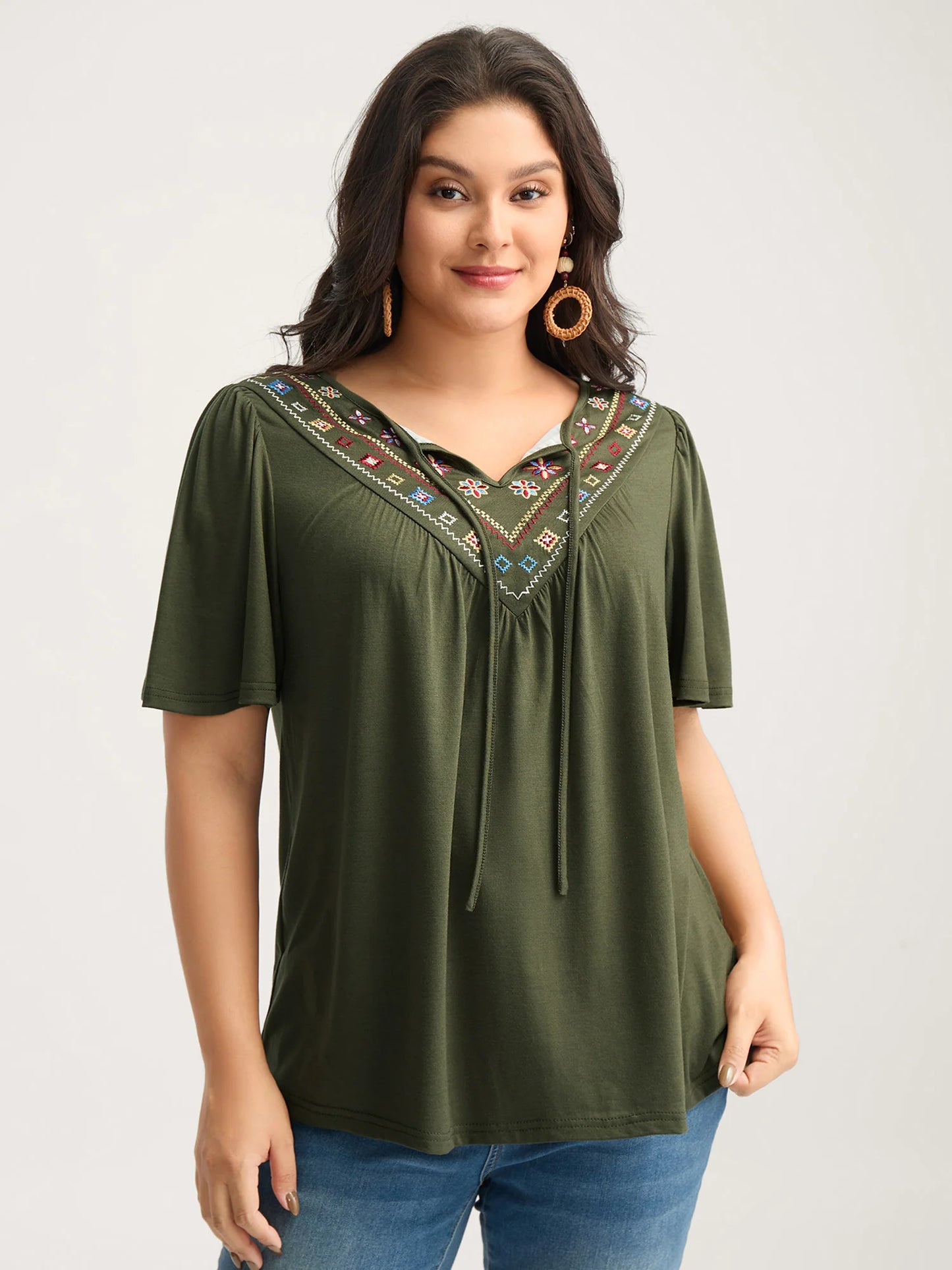 Geometric Embroidery Neck-Tie Top