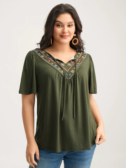 Geometric Embroidery Neck-Tie Top