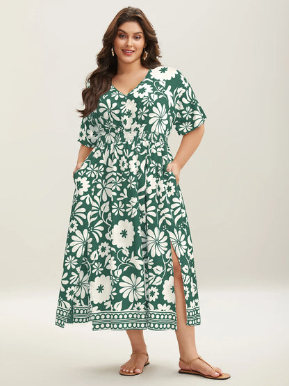 Large Floral Print Pockets Midi Dress