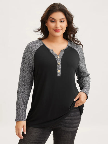 Heather Patchwork Button Detail Stretchy T-Shirt