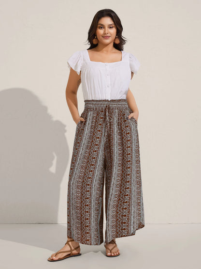 Boho Print Shirred Waist Wide-Leg Pants