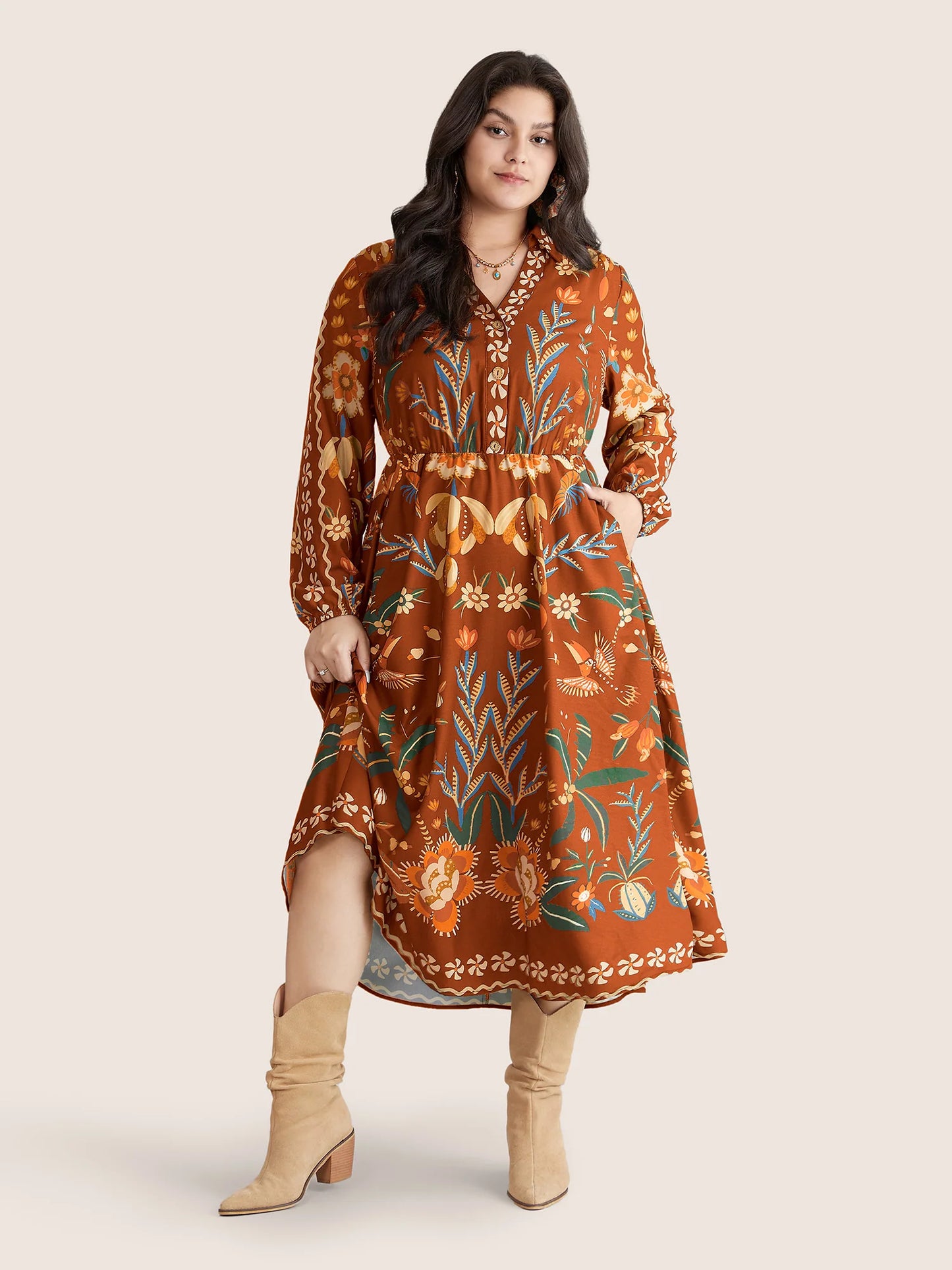 Bandana Print Pocket Lapel Collar Elastic Cuffs Dress