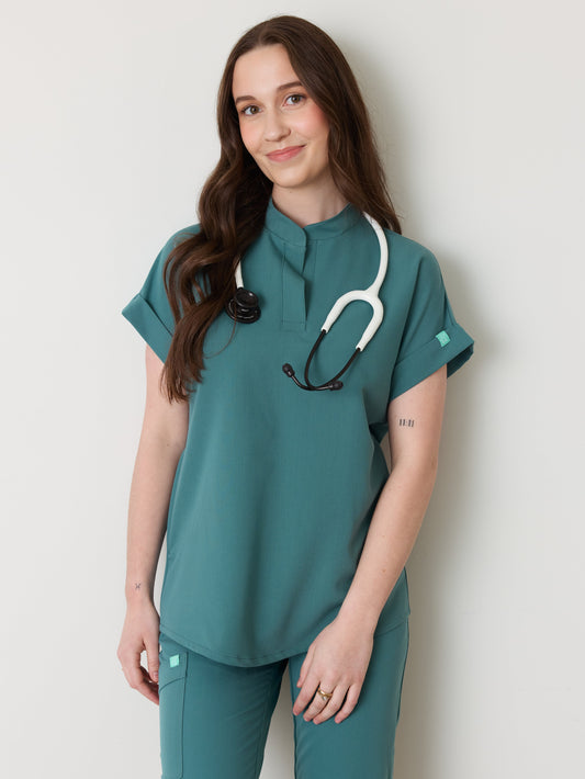 CHARLIE RE-GARDE™ - LAGOON BLUE - Mandarine Collar Scrub Top - SILVADUR™