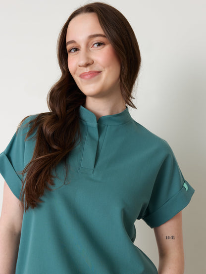 CHARLIE RE-GARDE™ - LAGOON BLUE - Mandarine Collar Scrub Top - SILVADUR™