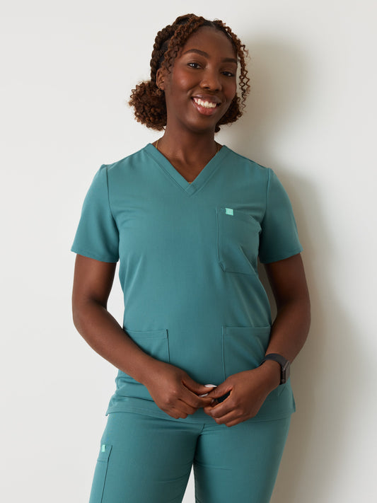 CHLOE RE-GARDE™ - LAGOON BLUE - Three Pockets Scrub Top - SILVADUR™
