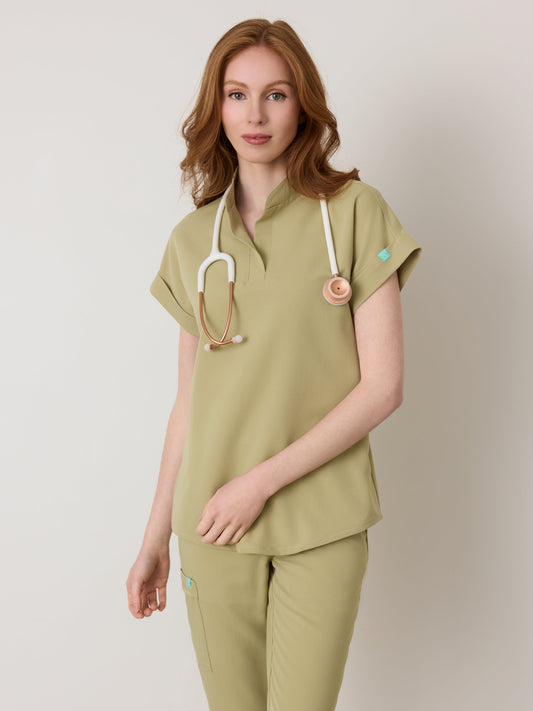 CHARLIE RE-GARDE™ - SAGE - Mandarine Collar Scrub Top - SILVADUR™