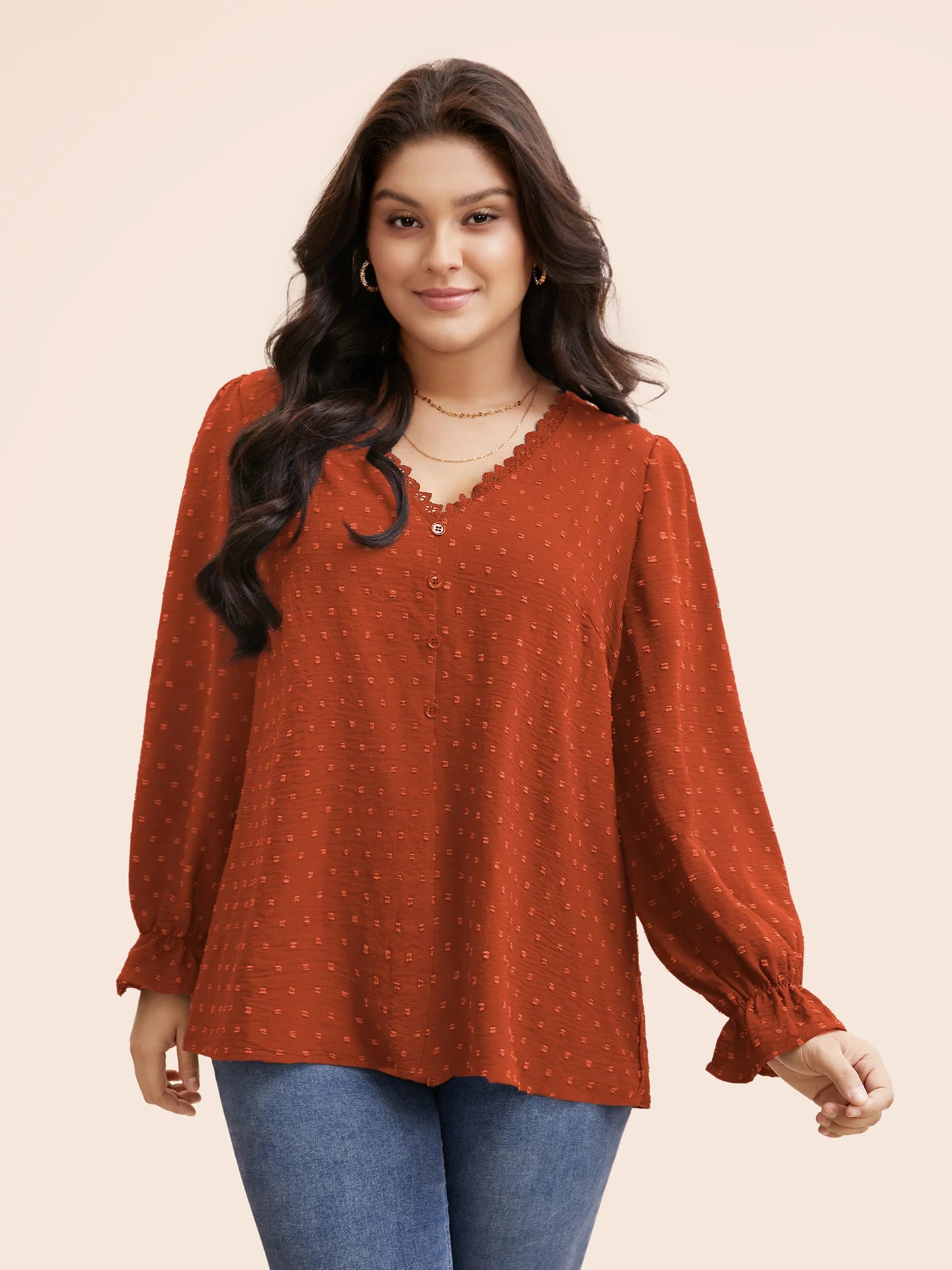 Textured Lace Trim Patchwork Ruffles Blouse