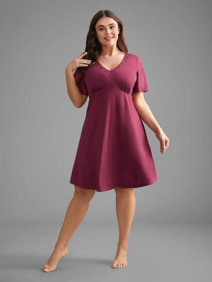 V Neck Lace Trim Sleep Ruffle Sleeve Dress
