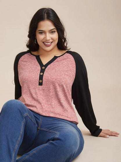 Heather Patchwork Button Detail Stretchy T-Shirt