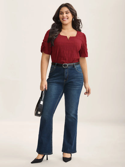 Textured Gathered Sleeve Split Neck Blouse