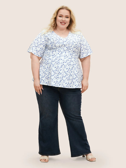Floral Pleated Elastic Waist Ruffle Sleeve Blouse