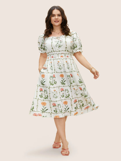 Boho Print Tie Knot Shirred Lantern Sleeve Dress