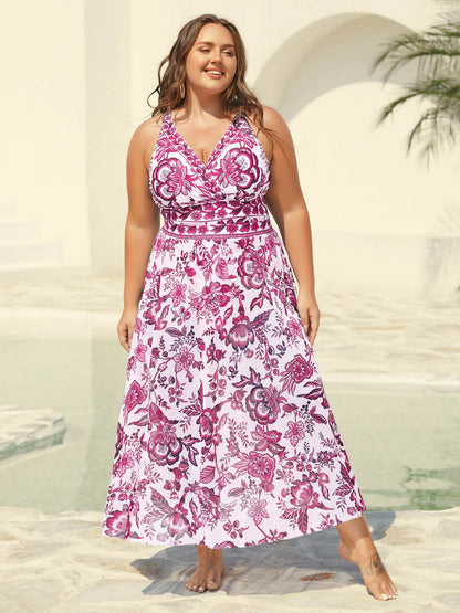 Two-Piece Floral Print Ruched Mesh Swimsuit, Sarong