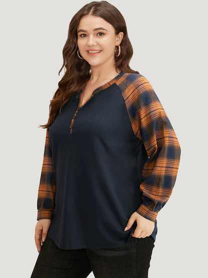 Plaid Patchwork Notched Button Detail Sweatshirt