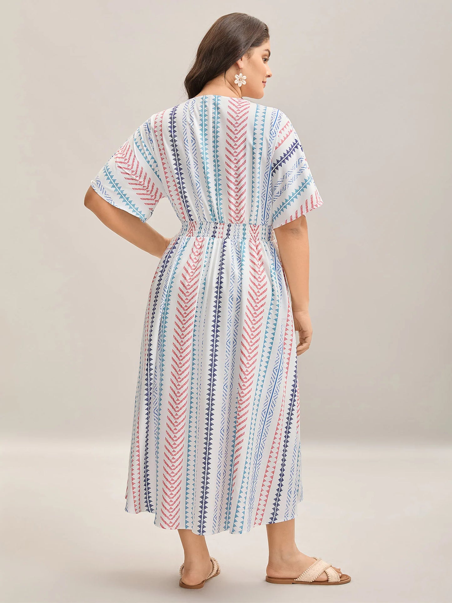 Solid Geometric Dolman Sleeve Pocket Shirred Split Hem Dress