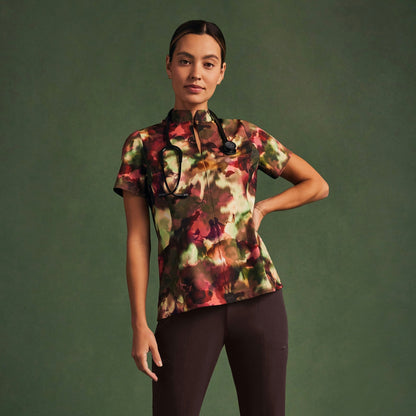 Aria Fit & Flare Mock-Neck Scrub Top - Floral Haze