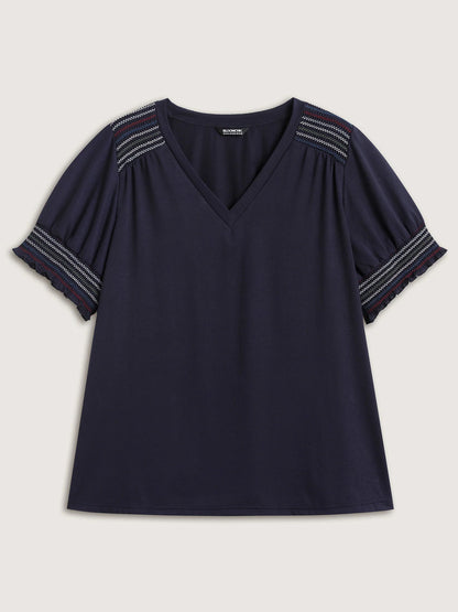 Stretchy Colorful Spliced Shirred T-Shirt