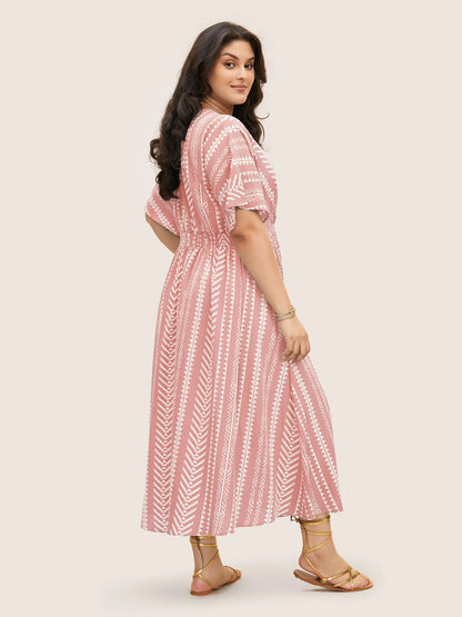 Solid Geometric Dolman Sleeve Pocket Shirred Split Hem Dress