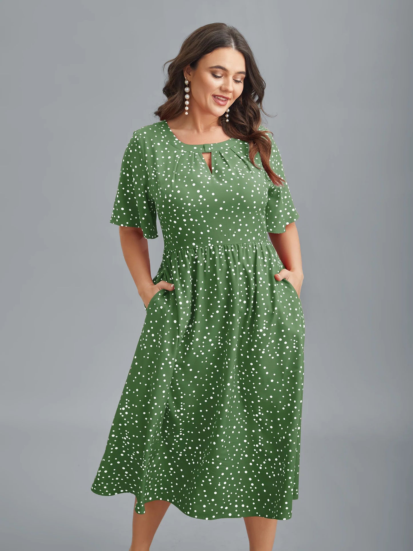 Polka Dots Print Cut-Out Flutter Sleeve Midi Dress