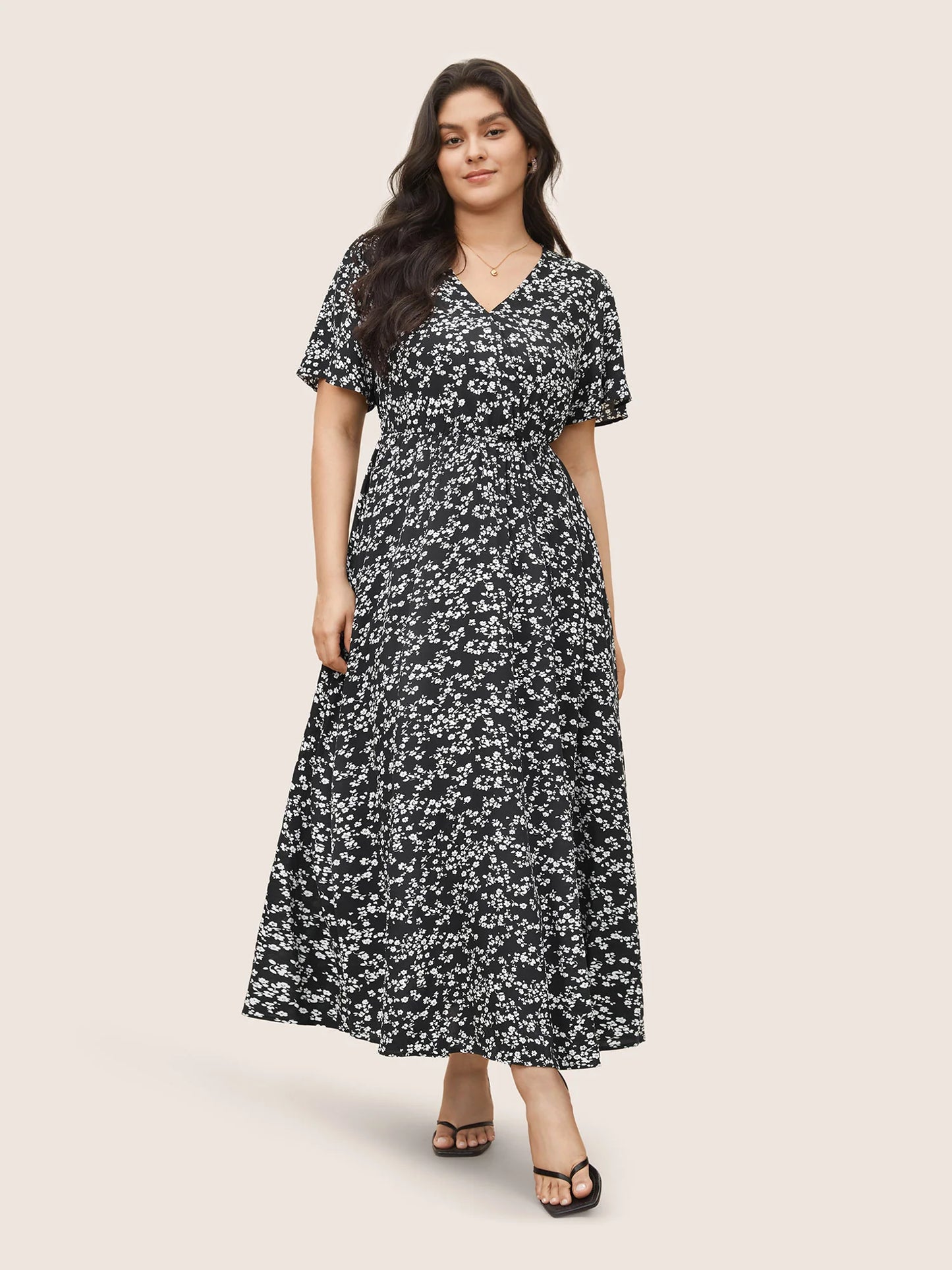 Bloom Dress - Flutter Sleeve Ditsy Floral Pocket Split Maxi Dress