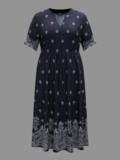 Floral Waist-Tie Notched Collar Midi Dress