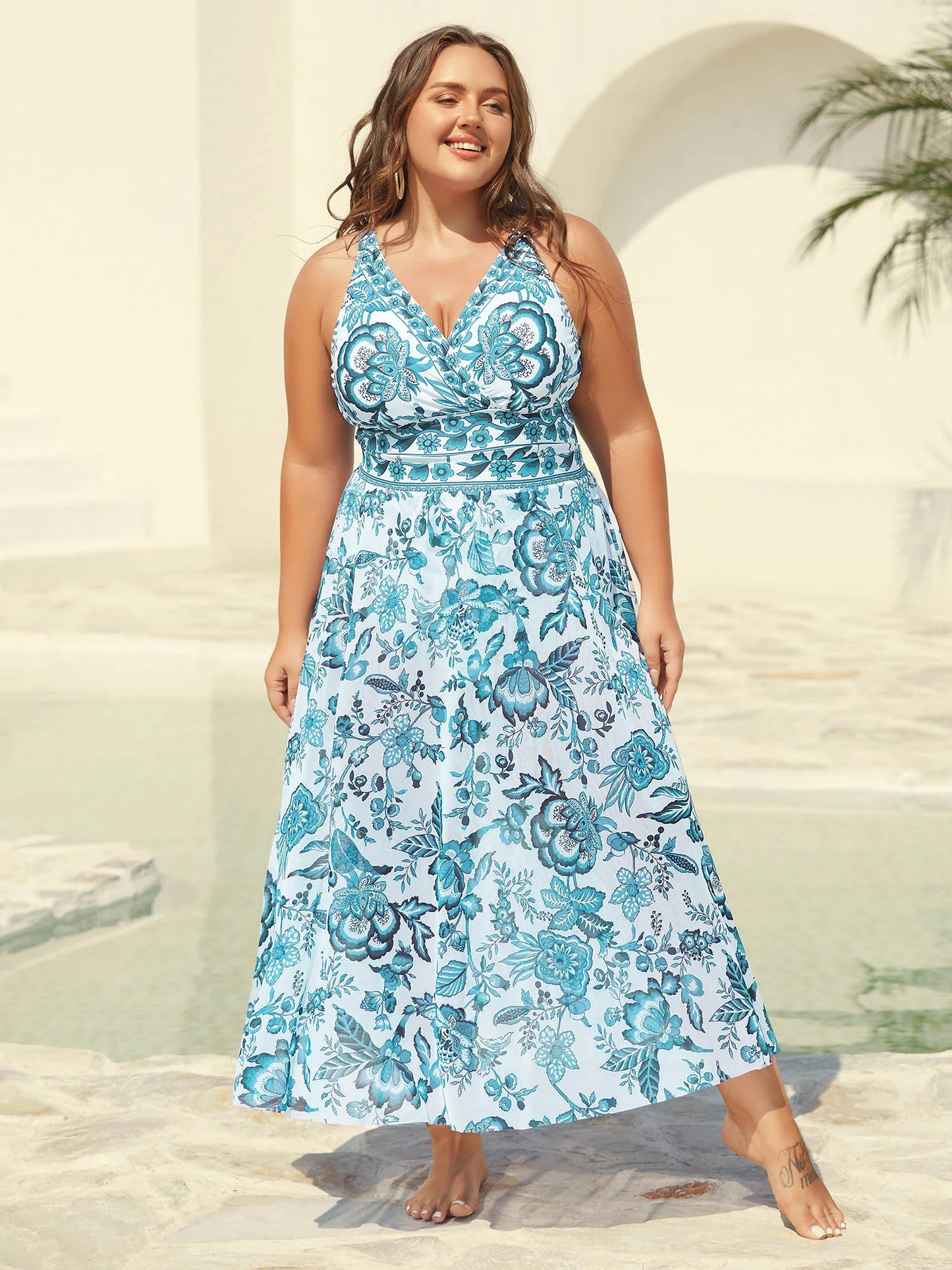 Two-Piece Floral Print Ruched Mesh Swimsuit, Sarong