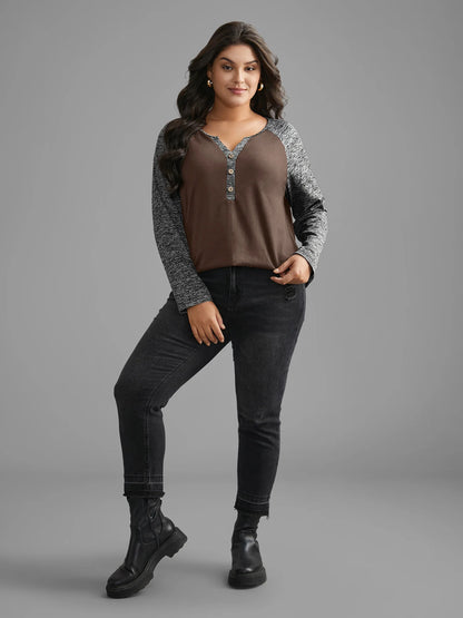 Heather Patchwork Button Detail Stretchy T-Shirt