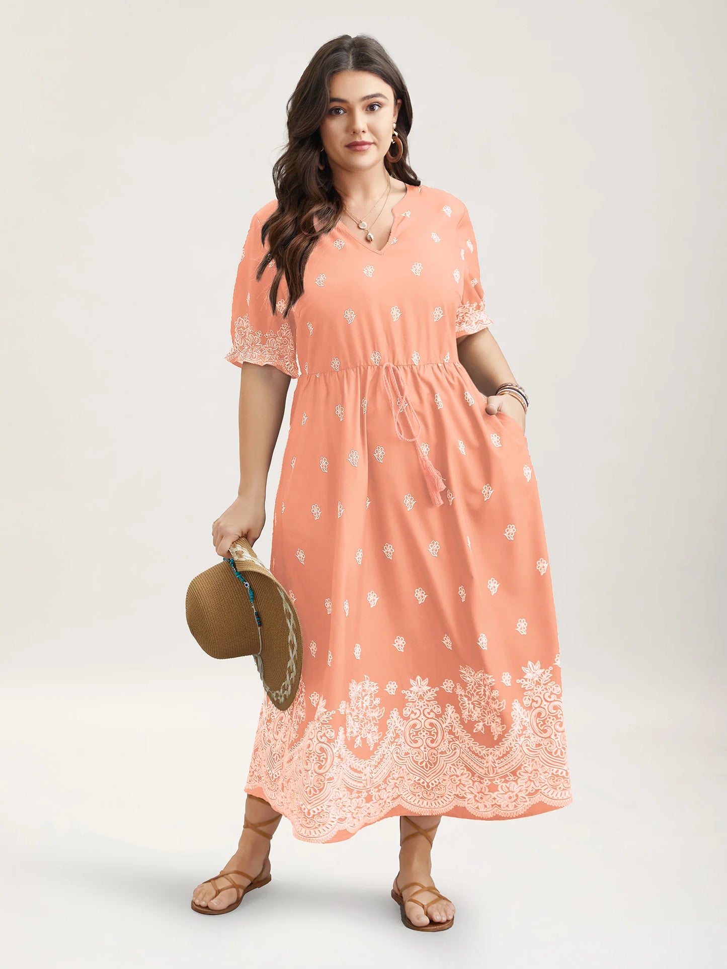 Floral Waist-Tie Notched Collar Midi Dress